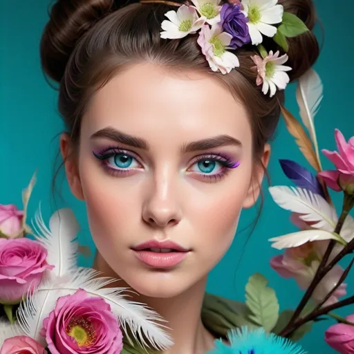 Prompt:  Beautiful, feminine, elegant, delicate
,big, lively blue eyes, delicate lipstick, antimony, fluffy eyelashes, beautiful make-up, high bun of brown hair, delicate rainbow veil, model,delicate rainbow pastels: purple,turquoise, pale green, pink,blue, feathers and flowers, magazine cover, model, aesthetically pleasing, beautiful, professional photo,high resolution, diffused light, hyperrealism,digital painting, clearly drawn details, pixel graphics,professional photo.