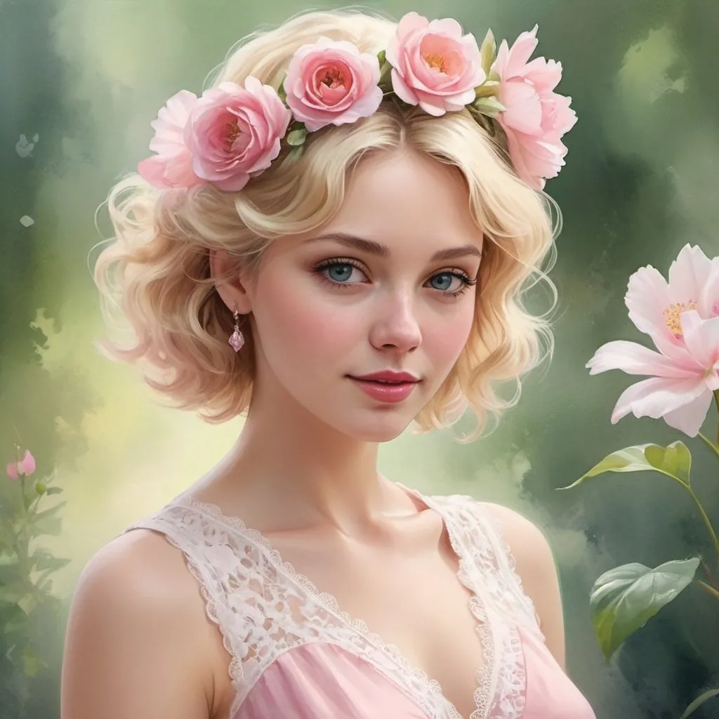 Charming woman with a flower in her hair, short wavy