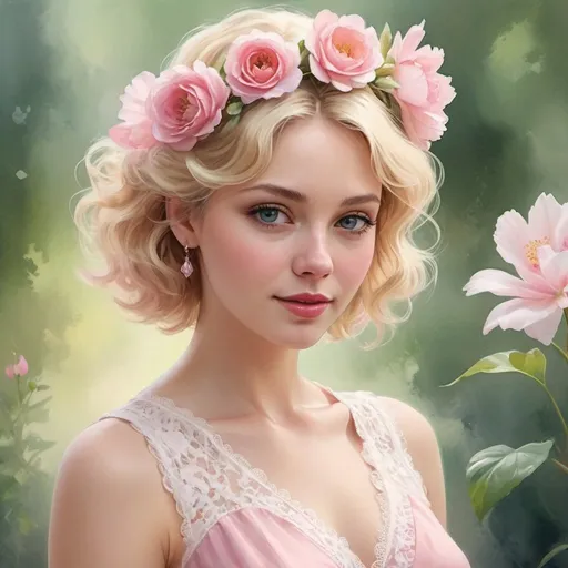 Prompt: Charming woman with a flower in her hair, short wavy blonde hair, delicate pink dress , white lace trim, ultra-realistic, beautiful, colorful, realistic, with high detail,rim light, animated 3D graphics, stunning watercolor painting,