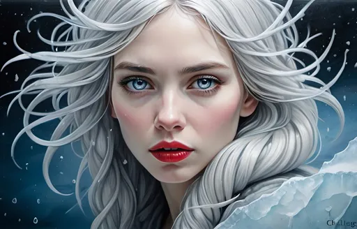 Prompt: Antarctica,  fantasy emotionally expressive portrait Shaddy madness  professional masterpiece action painting  oil  highly stylized  painting on cracked broken glass  mixed with lines markers art by Christine Ellger,  Mark Ryden , digital art, epoxy glass bioluminescent beautiful transparent   tender ice fairy girl , silver hair, glittering  sharp glowing eyes, expressive eyes, red lips, snow,  ice,  silver eyes, detailed petals texture,, detailed texture, , sculptural art,  , ,artistic tender.  beautiful, tiny detailed, 