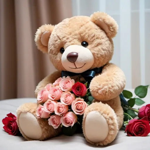 Prompt:  teddy bear holding a bouquet of roses, for the beautiful, teddy bear, love is the beginning of everything, advertising image, cute and fluffy, romantic, flash image, image, romantic mood, lying teddy bear, very cute, heart of flowers, you bear , cute lonely animal
