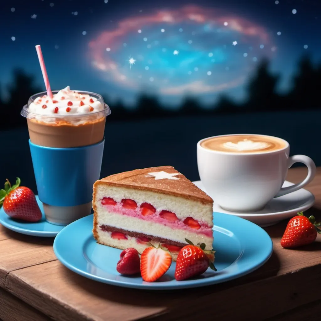 Prompt: round vignette with blurred edges background night starry sky,in the foreground a cup of coffee and a piece of cake on a plate, panini, "magic star", red and blue, strawberry iced latte, bright, gm, high detail, fantasy beautifully realistic, drawing animation