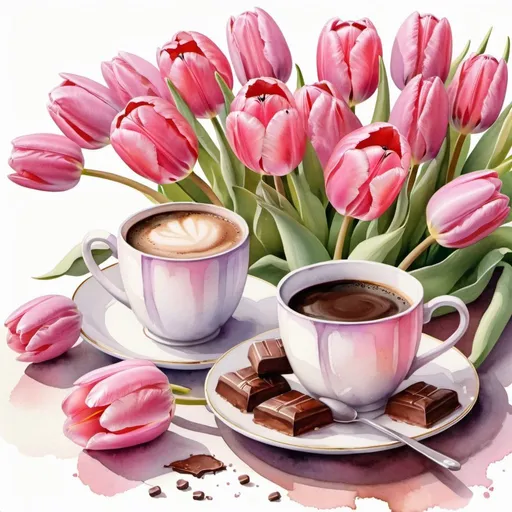 Prompt: a cozy moment with a cup of delicious coffee and chocolate sweets, a lying bouquet of pink tulips, a world of sweetness and warmth, exquisite rich design, beautiful, colorful, high detail, watercolor painting, very bright design, realistic, cartoon style