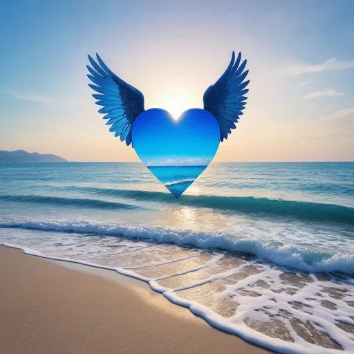 Prompt: Feel the serenity of the beach as your heart spreads its wings and flies high in a beautiful shade of blue 💙🌴 ,Winged Heart, Blue Heart, Serenity