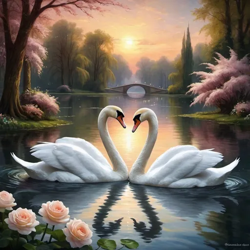 Prompt: a couple of swans floating on top of a body of water, two swans swimming on the lake, swanland, swans, romanticism painting, romantic scene, romantic painting, romantic couple, beautiful fantasy painting, romantic era painting, swan,   romanticist, romantic!!!, romantic landscape, romantic period, romantic atmosphere, royal garden background, very beautiful photo