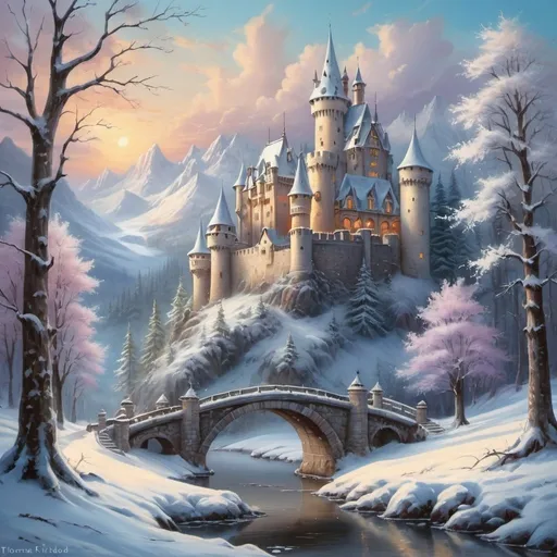 Prompt:  a painting of a castle surrounded by trees, beautiful fantasy painting, fairytale painting, whimsical fantasy landscape art, beautiful render of a fairytale, dream scenery art, snow landscape, winter scene fantasy, beautiful snowy landscape, snowy winter scene, thomas kinkade style painting, fairytale artwork, snow forest, adrian borda, snow scene, winter painting, beautiful winter area 