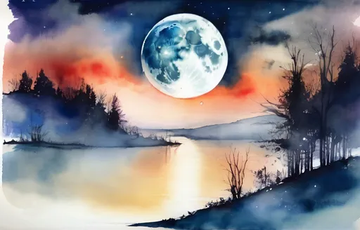 Prompt: The moon in a mysterious shimmer,
Always sedately cold,
And the souls of despair beckon,
As in the predawn- silence.
double exposure,fantasy realistically beautiful, English watercolor