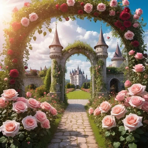 Prompt: an amazing flower arch, which is a cosmic portal to a wonderful world, a garden with roses and a castle in the background, charming dreams. filigree frame, fantasy beautifully fabulous