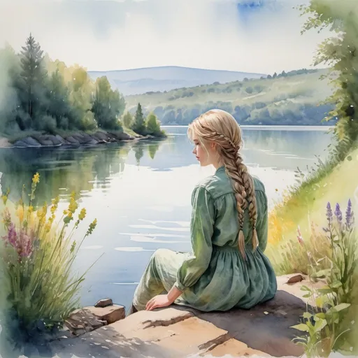 Prompt: In the dream landscape, a blond girl sitting on the shore of a lake, with braided hair and green eyes in the style of Carn Griffiths and Claude Monet, watercolor and ink - represents the play of shadows and sunlight on the surface of the reservoir. , which reflects bright wildflowers, harmonious and peaceful hazy atmosphere, mixture of styles and eras, blurred background with bright foreground colors, wide dynamic range, colors Vivid, ultra-realistic, watercolor, artstation trends, sharp focus, intricate details, high detail,