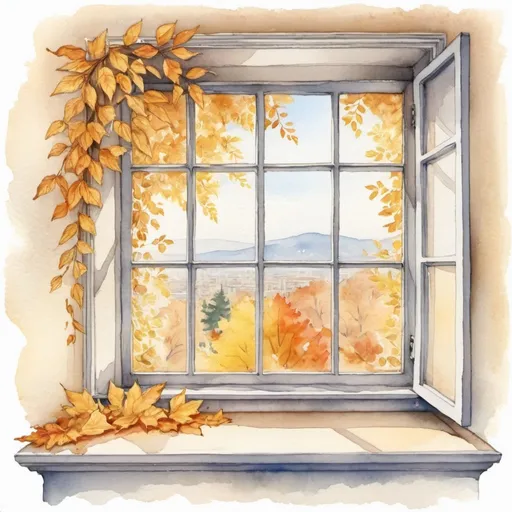Prompt:   picture of a window seat in front of a window, golden leaves along the border of the frame, bright, detailed watercolor sketch drawing
