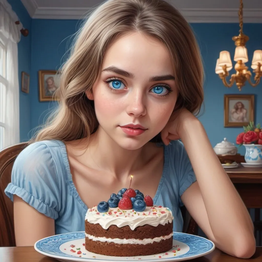 Prompt:  woman sitting at table with piece of cake, beautiful detailed blue eyes, cute detailed artwork, beautiful drawing, extremely detailed blue eyes, digital cartoon art, beautiful fantasy portrait, realistic painting of cute girl, highly detailed cartoon