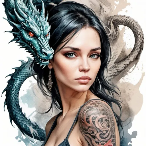 Prompt:  Textures, calligraphic line, artistic style of a beautiful woman and a dragon, ink color, tattoo style,multi texture, watercolor,clear focus, 3d, high resolution