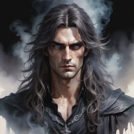 Prompt: Half body lord tall Handsome Man long messy hair, evil man, dark soul, with dark magic, and Cute maid woman, castle, transparent smoke, glowing eyes, realism, Watercolor, trending on artstation, sharp focus, studio photo, intricate details, highly detailed, by greg rutkowski
