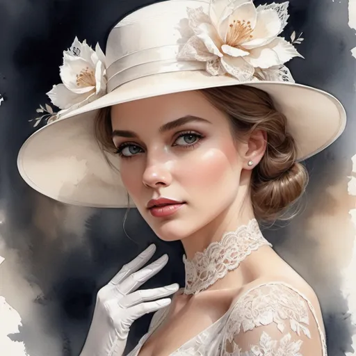 Prompt: elegant woman , detailed beautiful face, dress with guipure insert, white hat lace insert and gloves, photorealistic elegance, realistic body and face features, high detail,naturally, high detail,middle close-up,bloom light effect, dry watercolor, color sketch art