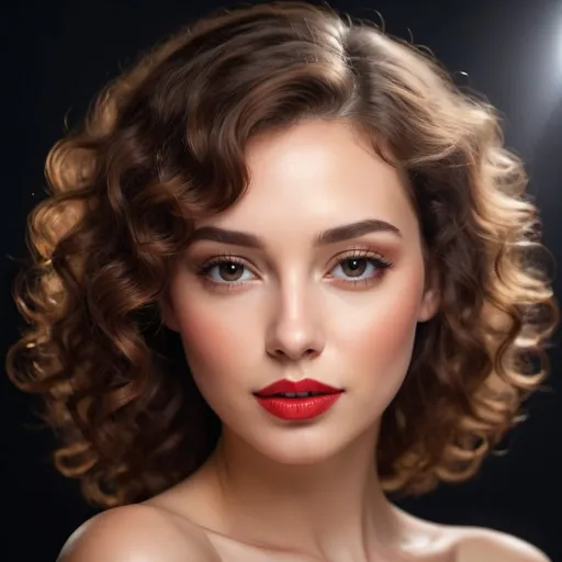 Prompt: woman light makeup with red lipstick, curly brown hair of medium length, delicate sensuality, high detail, realistic , contrast , backlight , glow effect
, oil