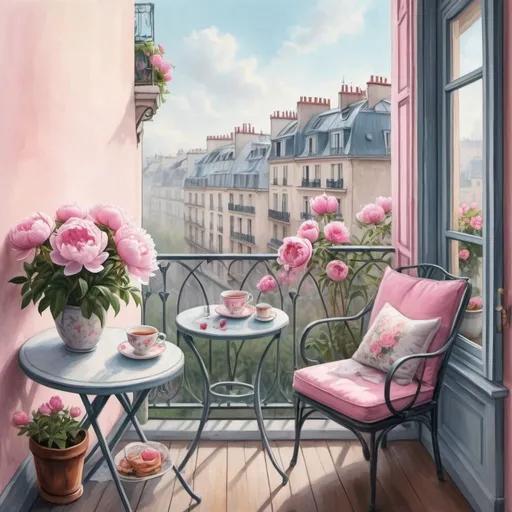 Prompt:  a painting depicting a balcony with a chair and a table, on the table a bouquet of pink peonies and a cup of tea. a nice cozy room, a Parisian background, a pencil illustration, fog floating in the air, a cat on the windowsill, a beautiful spring day with a view of the spring city