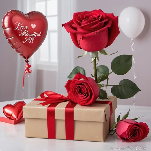 Prompt:     a red rose next to a gift box and a heart balloon, for a beautiful, holding gift, gifts, love is begin of all, ad image, presents, greeting card, love os begin of all, giving gifts to people, romanticist, to me, card, photo of, 1 as february), by Anne Stokes, red roses, red ribbon