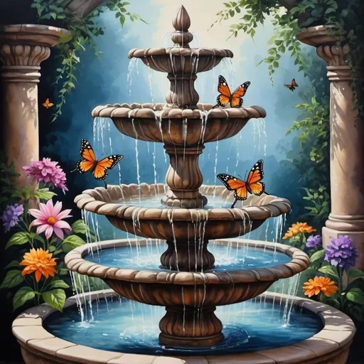 Prompt: Three-tiered fountain with flowers and butterflies, fantasy, beautiful, realistic,micro detailingrawoil painting, deep shadow