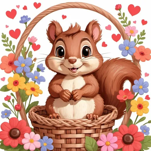 Prompt:   A close-up image of an adorable cartoon squirrel surrounded by flowers, hearts, and a basket.