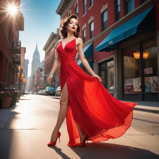 Prompt:  In a striking display of elegance, a beautiful woman stands proudly in a flowing red dress, channeling the spirit of pin-up artistry. Her pose is dynamic and full of life, as though frozen in the midst of a dance. The environment surrounding her is a bustling city street, filled with vibrant colors and eclectic architecture. The mood is vibrant and energetic, reflecting the spirit of urban life. The style of the image is a mix of photography and painting, with bold brushstrokes and vivid colors, reminiscent of the works of the great masters. The lighting is dramatic, with the sun casting long shadows and creating a sense of depth. The realization of this image is captured using a medium format film camera, providing rich detail and a timeless quality to the photograph.