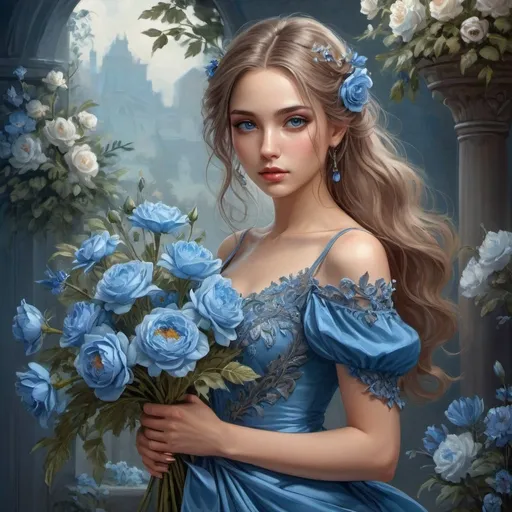 Prompt:   a woman in a blue dress holding a bouquet of flowers, beautiful fantasy art portrait, beautiful fantasy painting, beautiful fantasy portrait, romanticism painting, detailed dress and face, very beautiful fantasy art, stunning detailed picture, beautiful detailed elegant, beauty woman with detailed faces, ”beautiful anime woman, beautiful fantasy maiden, detailed realistic beautiful, very beautiful digital art