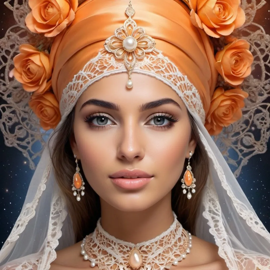 Prompt:  Moroccan Miss Universe super beauty,super beautiful eyes, filigree, small flowers,honey, +pearls+satin ribbons,bow, lace on the hat ,drawing with superlight lines computer oil painting,masterpiece,wide and long strokes, mother-of-pearl orange-peach-white solar gradient,fractal magic, 64k, light, botanical art,space art, realistic, close-up, high resolution, high detail, 30mm lens, 1/2