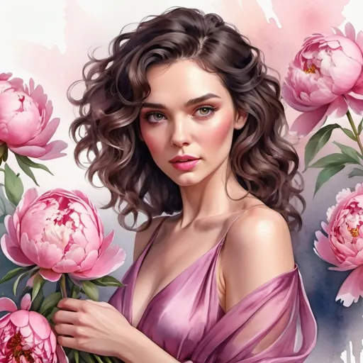 Prompt: woman, makeup, brunette, wavy hair gathered in a hairstyle, passionate look, in a silk flowing dress with a bouquet of pink peonies in her hands, middle close-up, Watercolor painting,very bright design, realistic, cartoon style,rim light,high octane render