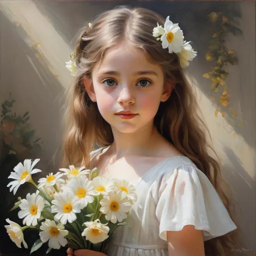 Prompt:  A realistic oil painting depicting a young girl with long flowing hair, dressed in a white dress and holding a bouquet of bright flowers. The painting captures the innocence and beauty of youth, with intricate detail in the girl's facial features and the delicate flower petals. Inspired by artists such as John Singer Sargent and Edgar Degas, this portrait is full of life and emotion, and the soft lighting gives it an ethereal quality. (Long shot)