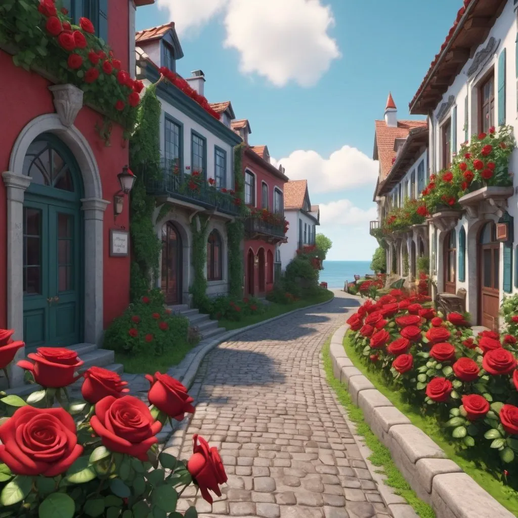 Prompt:  Picturesque coastal town with cobbled paths, ornate architecture and lush red roses. beautiful, colorful, realistic, high detail, 3D motion graphics, stunning matte painting