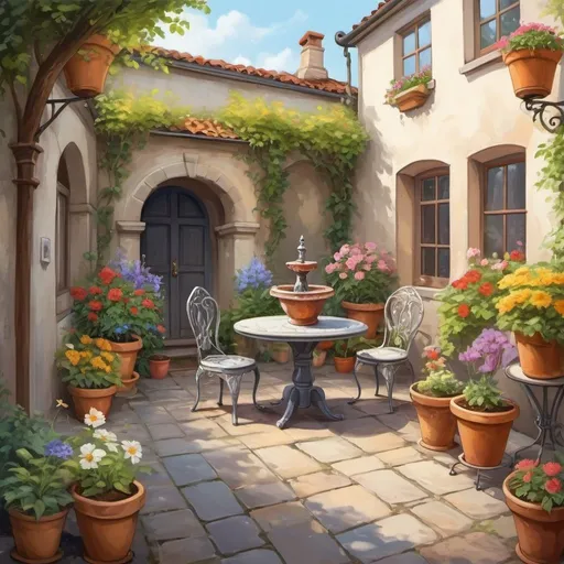 Prompt:  noon, a cozy courtyard of the garden with a table and chairs, paved paths, flower pots, a small fountain,fantasy realistic, expressively beautiful drawing