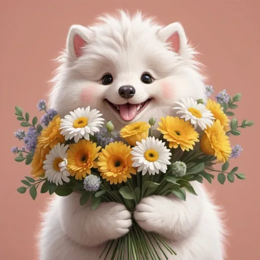 Prompt:  A cute fluffy animal smiles 😁 and holds a bouquet 💐 of flowers, hyperrealism, aesthetic, beautiful, realistic, professional photo, high resolution, high detail, lumen, ultra cute 🥰 vector illustration