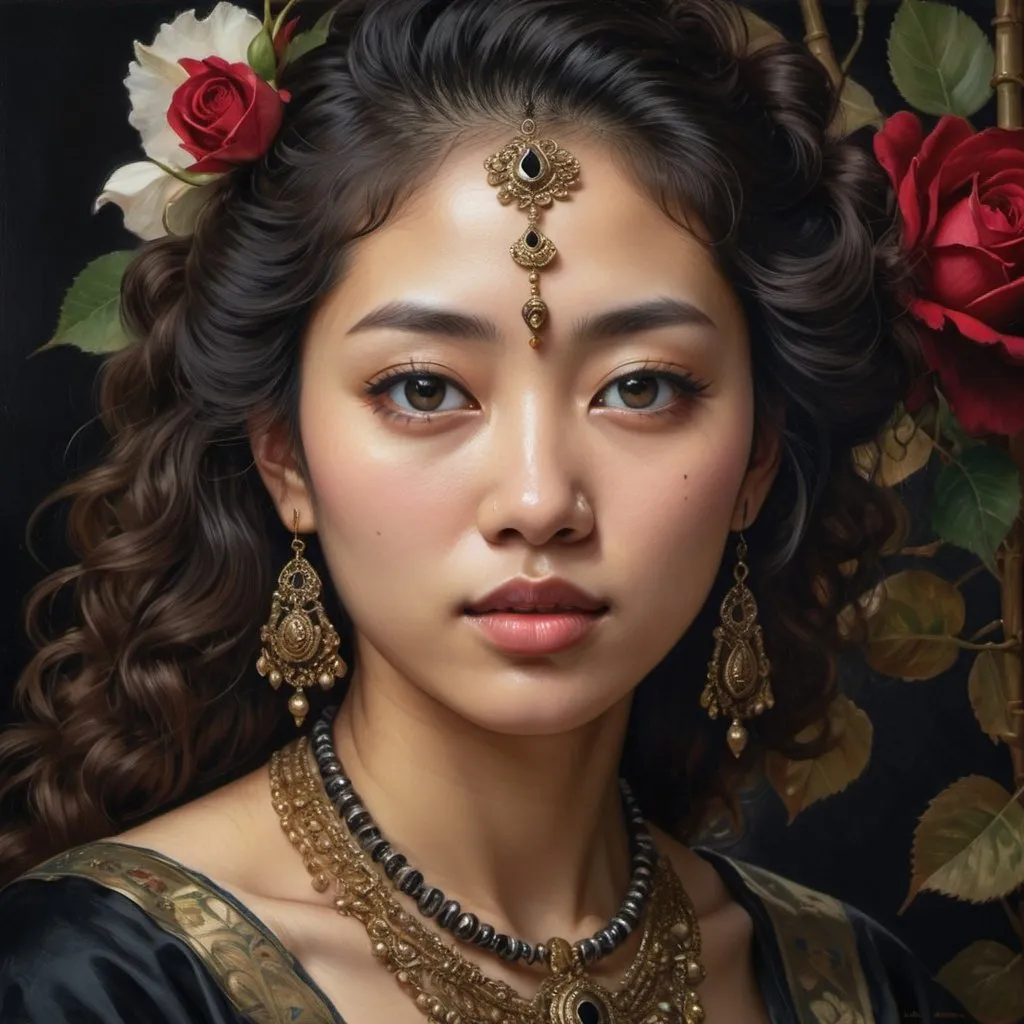 Prompt: Highly detailed portrait of a beautiful Asian woman with curly hair, wearing traditional Indian jewelry, with one eye peeking out from behind a black rose, realistic painting style by John Singer Sargent and Jan van Eyck, intricate details of jewelry and hairstyle, soft lighting highlighting her features