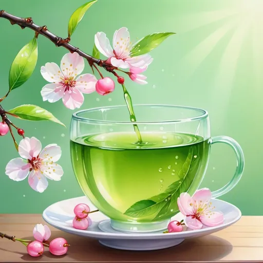 Prompt: for green tea, standing on the table, a sprig of cherry blossoms, delicate and harmonious colors, draped in fleshy green and pink, radiating connection inside, beautiful avatar images, photograph of a cheerful, opening, sparkling dew, soothing, Watercolor painting, very vibrant design, realistic, cartoon style