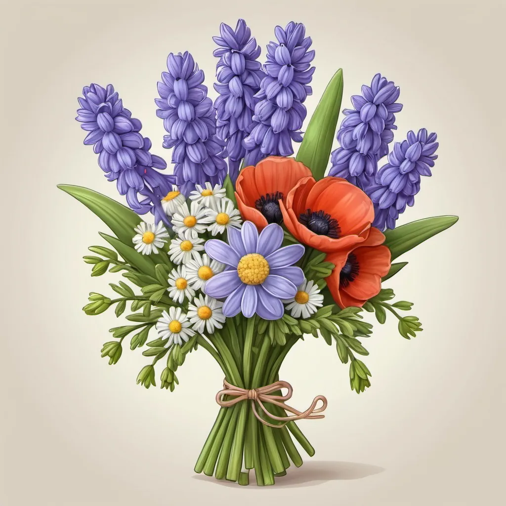 Prompt: bouquet of hyacinth, poppy, chamomile flowers, realistic, cartoon drawing