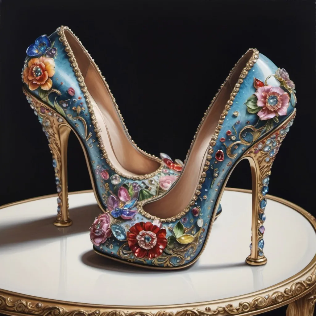 Prompt:  a pair of high heeled shoes sitting on top of a table, a photorealistic painting by Alexander McQueen, trending on pinterest, cloisonnism, made of multicolored crystals, whimsical!! intricate details, alice in wonderland style