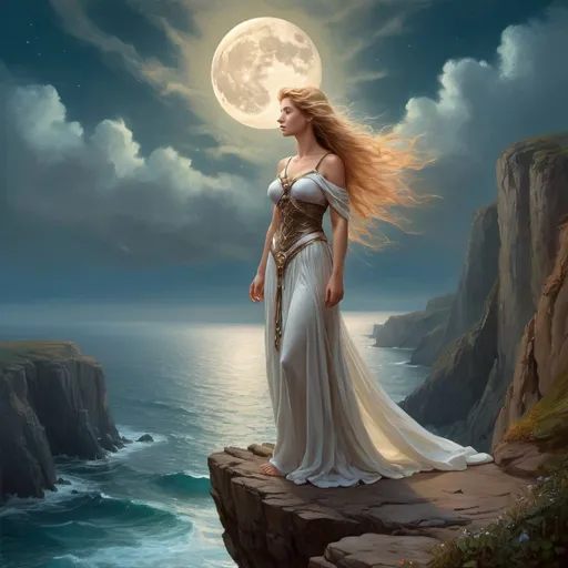 Prompt: a woman standing on top of a cliff next to the ocean, romanticism painting, beautiful fantasy painting, very beautiful fantasy art, beautiful fantasy maiden, romantic painting, romanticism artwork, dramatic fantasy art, goddess of the moon, in stunning digital paint, by Mark Arian, beautiful fantasy art, breathtaking fantasy art, romanticism art style, portrait of celtic goddess diana