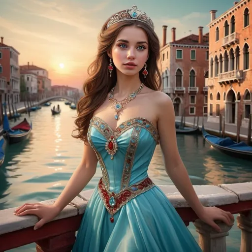 Prompt:  Elegant female princess in an aquamarine and red dress, a dress trimmed with precious stones ,a beautiful necklace,a very beautiful face,beautiful long brown hair, an ultra-realistic cute girl standing on the banks of the Venice canal,against the sunset background, a very beautiful fantasy drawing, photorealistic details,