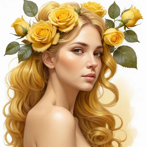 Prompt: woman with yellow roses in her hair, charming   image, golden goddess, beautiful image, utopia profile, art station, bright pencil drawing, botanical