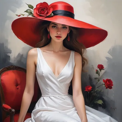 Prompt:  Let the colors of passion and purity collide in this exquisite painting featuring a woman in a pristine white dress and a vibrant red hat. 🌹 Color Contrast, Fashion Art, art workshop