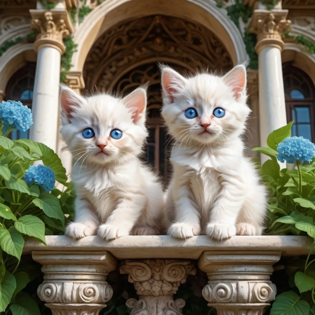 Prompt:  Two cute fluffy kittens with big blue eyes sit in front of an ornate architectural structure among lush greenery., bright colors beautiful, high detail, 30mm lens, 1/250s, f/2.8, ISO 100 illustration, computer graphics high resolution