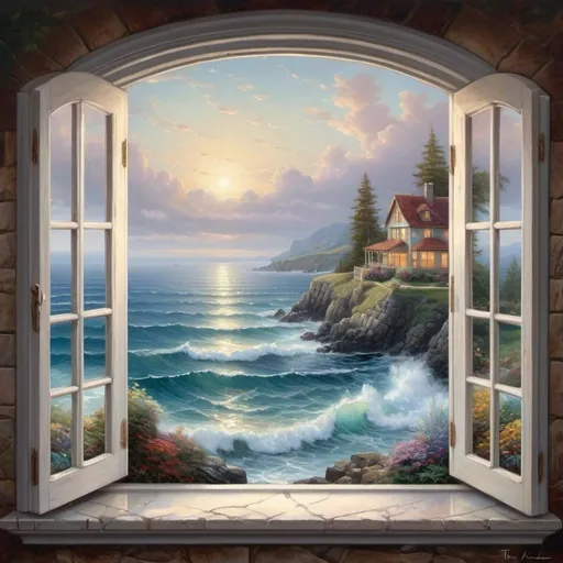 Prompt:  a painting of a window with a view of the ocean, beautiful fantasy painting, romanticism painting, style thomas kinkade, thomas kinkade painting, thomas kinkade style painting, by Thomas Kinkade, dream scenery art, thomas kinkade. highly detailed, style of thomas kinkade