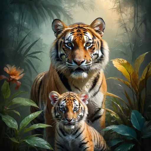Prompt:  An angry snarling tigress and a small tiger cub on a double exposure dissolve into a misty and smoky jungle at dusk where sometimes disappearing rays of the sun can be seen, a mystical and mysterious atmosphere, the presence of a tiger merges with a surreal environment, exotic flowers, leaves. water, piercing gaze cuts through the haze, detailed textures of fur merge with exotic plants, the play of light creating fabulous quality, ultra-realistic image with intricate nuances, high resolution 10K for exceptional clarity, oil painting, digital art, watercolor, in the style of Odilon Redon, Yves Tanguy, Franz Sedlacek, symbolism, surrealism, fantasy-art.