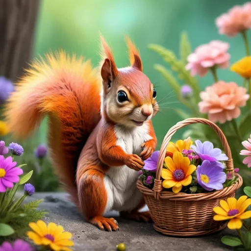 Prompt:  cute little squirrel with a basket of flowers, very very beautiful furry art, cute animal, beautiful uhd 4k art, cute single animal, floral background, cute 3D rendering, (colorful), with colorful flowers and plants, adorable digital painting, digital art animal photos, floral decorations