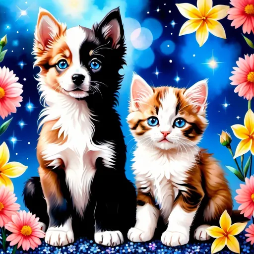 Prompt: Cute,fluffy puppy and kitten sitting next to each other, blue eyes, dreamy floral background, blooming buds, stars, split nano-sequins, realistic,beautiful, fantasy art drawing,airbrushing
