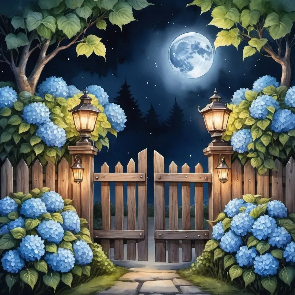 Prompt: gate, backyard, lantern mounted on top of a wooden fence, hydrangea bush, blue moon night, very beautiful fantasy drawing, high detail, realistic,watercolor painting,very bright design, realistic, cartoon style