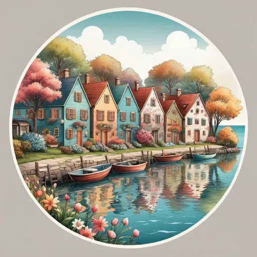 Prompt: Houses by the water, round design, vignette with floral pattern, dreamy full-color, drawing