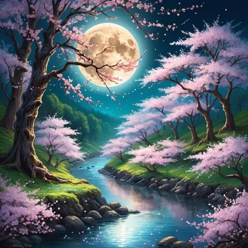 Prompt: A charming scene of a full moon illuminating a forest teeming with cherry blossoms and a flowing river. sparkling, ornate, macro-like, brilliant, cute, beautiful, creating a beautiful, sparkling dew, within the framework of radiant connection,bright, saturated, magnificent digital art, beautiful deep colors, beautiful drawing, acrylic
