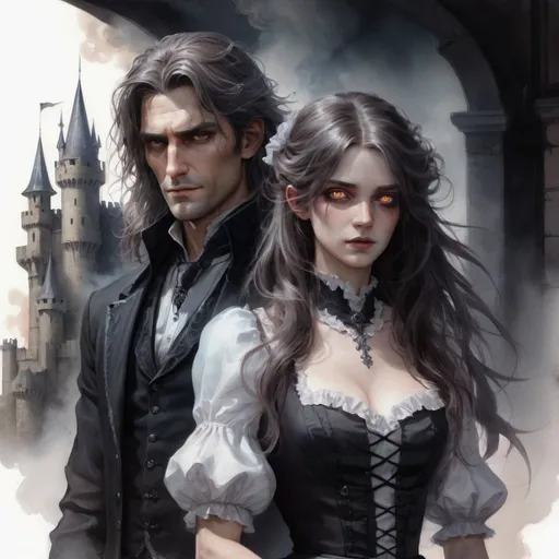Prompt: Half body lord tall Handsome Man long messy hair, evil man, dark soul, with dark magic, and Cute maid woman, castle, transparent smoke, glowing eyes, realism, Watercolor, trending on artstation, sharp focus, studio photo, intricate details, highly detailed, by greg rutkowski