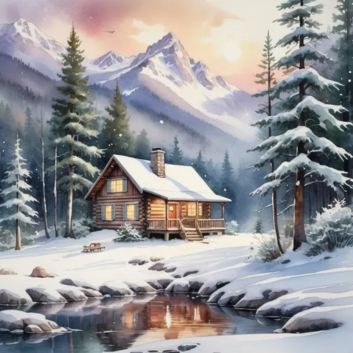 Prompt:  a watercolor painting of a cabin in the woods, cozy home background, snow landscape background, sticker of a home in the forest, winter lake setting, winter painting, serene illustration, scenery artwork, in a snowy forest setting, snowy winter scene, dream scenery art, house background, style of thomas kinkade, snowy environment, thomas kinkade style painting, night landscape background