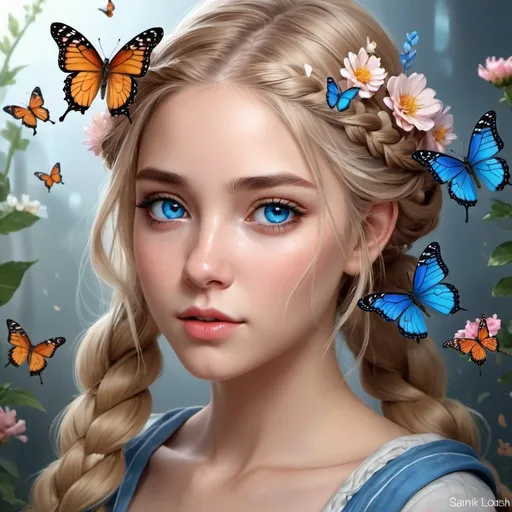 Prompt:  A realistic digital painting depicting a beautiful girl with braided hair decorated with butterflies and flowers, ash-blond hair, expressive blue eyes, soft lighting, intricate details, from Sakimichan and Loisha.